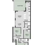 Floor plan of The Axis, a 3 bedroom 2 bathroom narrow lot home design with a double garage, 7.5m frontage