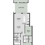 Floor plan of The Element, a 3 bedroom 2 bathroom narrow lot home design with a double garage, 7.5m frontage