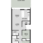 Floor plan of The Quokka, a 3 bedroom 2 bathroom narrow lot home design with a double garage, 6m frontage