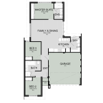 Floor plan of The Voyager, a 3 bedroom 2 bathroom home design with a double garage, 10m frontage
