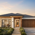 Front elevation of The Cornerstone, a 5 bedroom 3 bathroom home design for a 15m frontage