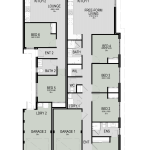 Floor plan of The Dual Income, a 6 bedroom 3 bathroom home design with a double garage, 15m frontage