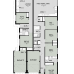 Floor plan of The Legacy, a 6 bedroom 3 bathroom home design with a double garage, 15m frontage