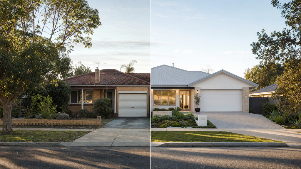 A knock-down rebuild shown before and after, the original brick home beside its replacement