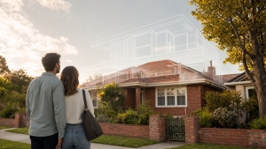 A couple looking at an existing home with a wireframe extension drawn above it