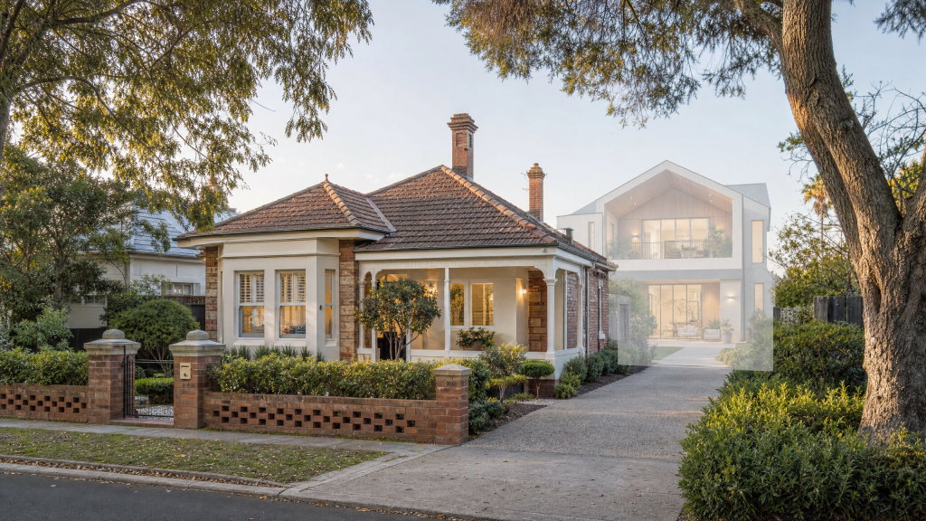 A period brick home shown alongside a rendered concept of a modern rebuild