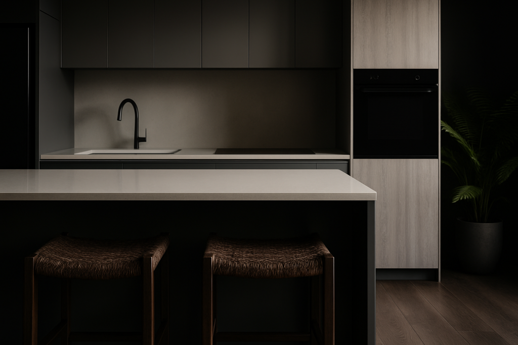 A dark modern kitchen with a stone island bench and two woven stools