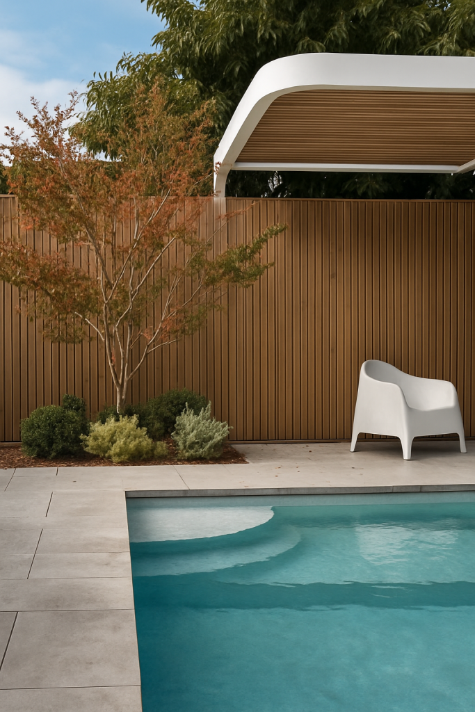 A backyard pool and patio at a newly finished home