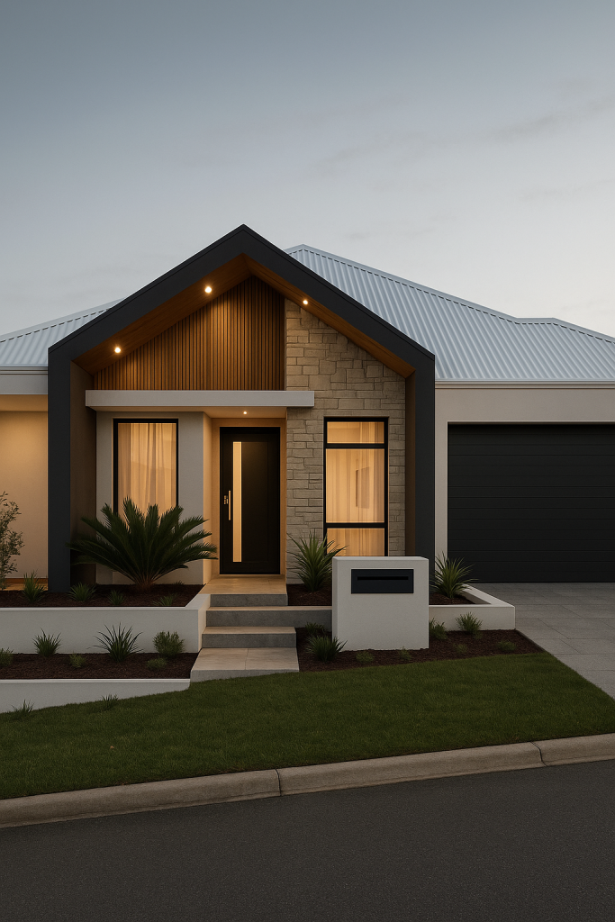 A newly built single-storey Perth home at dusk with a timber and stone entry
