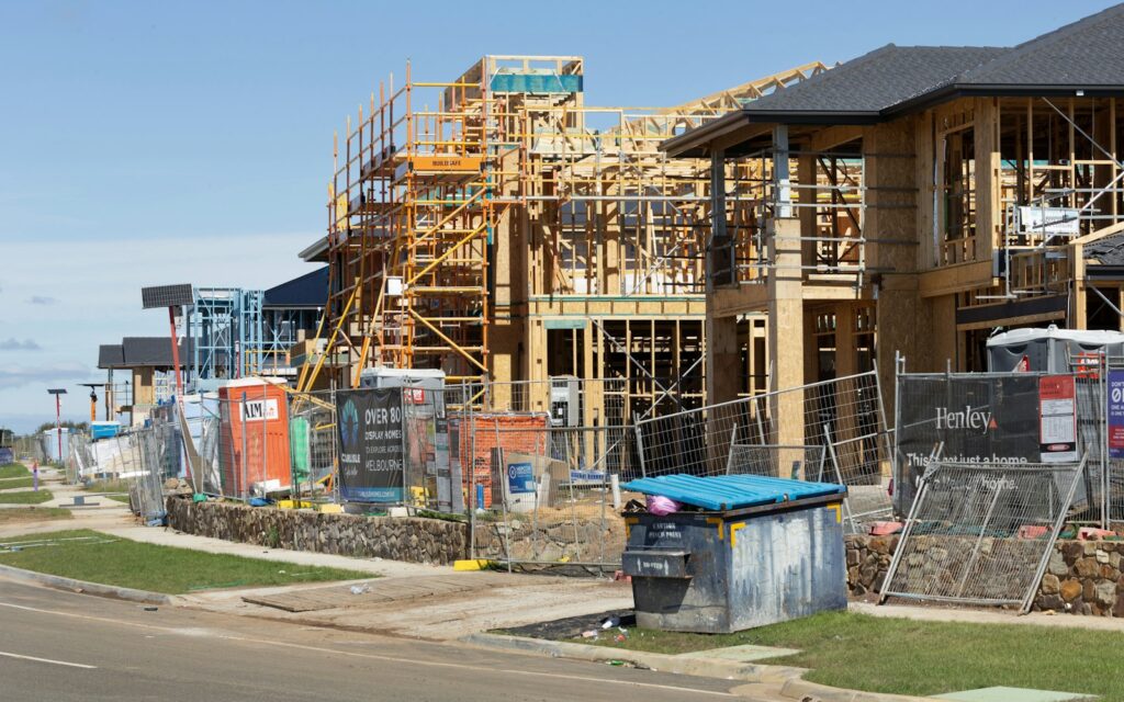 A street of homes under construction in a new estate
